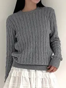 StyleCast Women Grey & excalibur Cable Knit Pullover