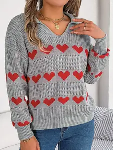 StyleCast Grey & Red Conversational Printed Acrylic Pullover