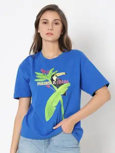Vero Moda Women Blue Typography Printed Drop-Shoulder Sleeves Tropical T-shirt