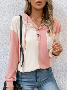 StyleCast Pink & White Colourblocked Hooded Drop-Shoulder Sleeves Jacquard Sweatshirt