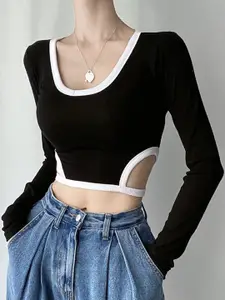 StyleCast Black Scoop Neck Cotton Fitted Crop Top