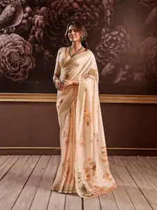elora Brown & Gold-Toned Floral Zari Silk Blend Saree