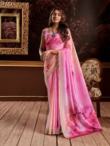 elora Pink & Gold-Toned Floral Zari Silk Blend Saree