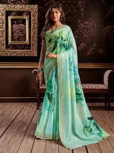 elora Sea Green & Blue Floral Zari Silk Blend Saree