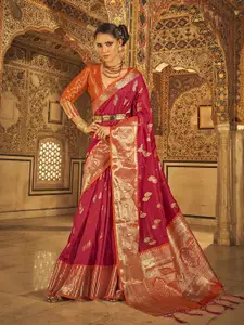 elora Maroon & Gold-Toned Floral Zari Silk Blend Kanjeevaram Saree