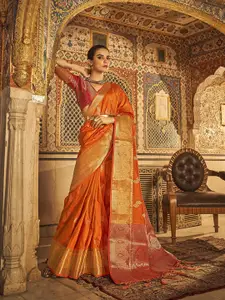 elora Orange & Gold-Toned Woven Design Zari Silk Blend Kanjeevaram Saree