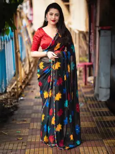 STAVA CREATION Black & Red Floral Poly Georgette Saree