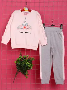 V-Mart Girls Pink & Grey Printed T-shirt with Trousers