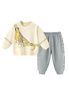StyleCast Boys Beige & Grey Graphic Printed Pure Cotton T-shirt with Trousers