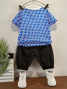 StyleCast Boys Blue & Black Geometric Printed Pure Cotton T-shirt with Trousers