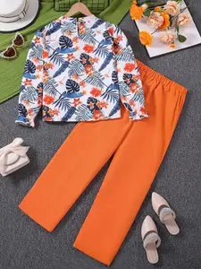 StyleCast Girls Orange & White Printed Top with Trousers