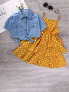 StyleCast Girls Yellow & Blue Polka Dot Printed Dress With Shirt