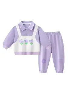 StyleCast Girls Purple & White Printed Pure Cotton Top With Trouser