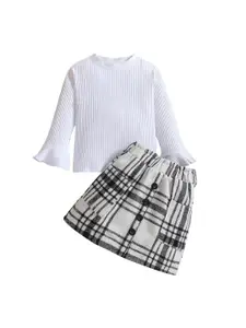 StyleCast Girls White & Grey Pure Cotton Top with Skirt