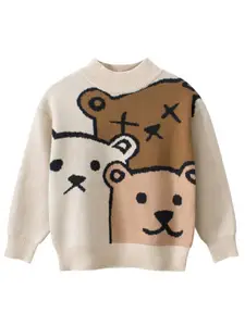 StyleCast Boys Beige & Brown Graphic Printed Cotton Pullover Sweater
