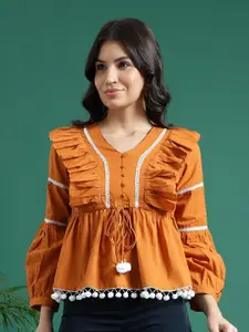 Sangria V-Neck Gathered Cotton Peplum Tops