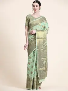 KAPADIYA FAB Sea Green Embellished Zari Pure Cotton Designer Banarasi Saree