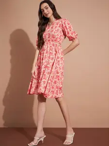 DressBerry Orange Floral Printed Puff Sleeve Cut-Out Fit & Flare Midi Dress