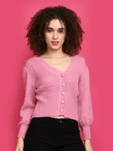 V-Mart Open Knit Self Design Cardigan Sweater