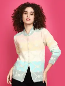 V-Mart Self Design Mandarin Collar Embellished Front Open Sweatshirt