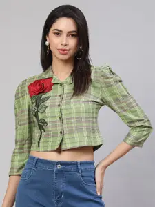 AKIMIA Lime Green Checked Puff Sleeve Cotton three-quarter Top