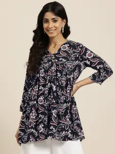 HERE&NOW Printed V-Neck Pure Cotton Pleated Kurti
