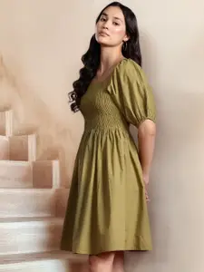 all about you Cotton Smocked Detail Fit & Flare Dress