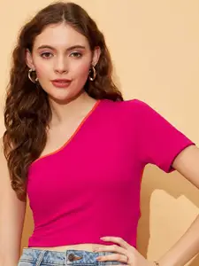 RARE Pink Colourblocked One Shoulder Styled Back Crop Top
