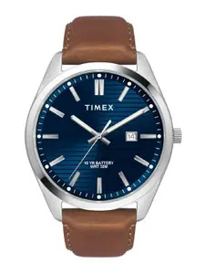 Timex Men Blue Brass Dial & Brown Leather Straps Analogue Watch TWTG10408