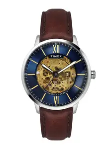 Timex Men Blue Skeleton Dial & Brown Leather Straps Analogue Watch TWEG23501