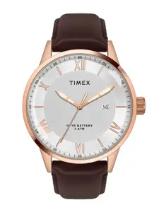 Timex Men Silver-Toned Brass Dial & Brown Leather Straps Analogue Watch TWEG19917
