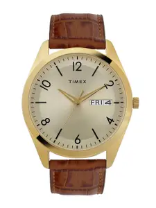 Timex Men Gold-Toned Brass Dial & Brown Leather Straps Analogue Watch TWTG10400