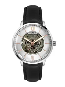 Timex Men Silver-Toned Dial & Black Leather Straps Analogue Watch TWEG23500
