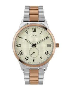 Timex Men Beige Brass Dial & Multicoloured Stainless Steel Straps Analogue Watch TWTG10008