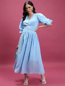 Tokyo Talkies Blue Checked V-Neck Puff Sleeve Maxi Dress