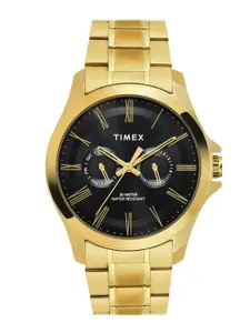 Timex Men Black Brass Dial & Gold Toned Stainless Steel Straps Analogue Watch TW000X129