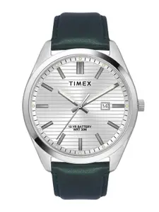 Timex Men Silver-Toned Brass Dial & Green Leather Straps Analogue Watch TWTG10407