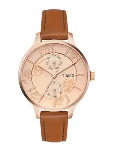 Timex Women Brass Dial Leather Straps Round Analogue Watch TWEL14823
