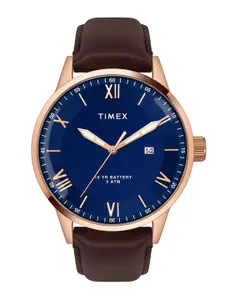 Timex Men Blue Brass Dial & Brown Leather Straps Analogue Watch TWEG19916