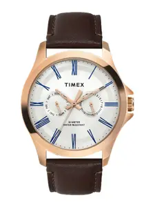 Timex Men Silver-Toned Brass Dial & Brown Leather Straps Analogue Watch TW000X128