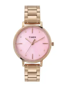 Timex Women Brass Dial & Rose Gold Toned Stainless Steel Straps Analogue Watch TWEL15807