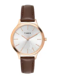 Timex Silver-Toned Brass Dial & Brown Leather Straps Analogue Watch TWTL12105