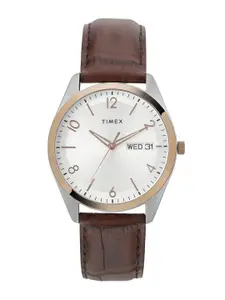 Timex Silver-Toned Brass Dial & Brown Leather Straps Analogue Watch TWTG10401