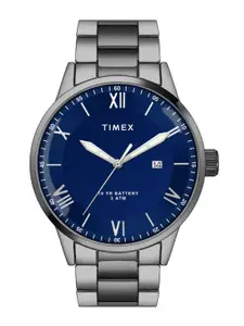 Timex Men Blue Brass Dial & Grey Stainless Steel Bracelet Style Straps Analogue Watch TWEG19920