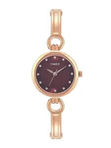 Timex Women Maroon Brass Dial & Rose Gold Toned Bracelet Style Straps Analogue Watch TWEL11437
