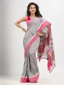 Angoshobha Silver-Toned Woven Design Pure Cotton Handloom Saree