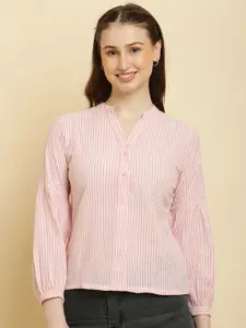 HERE&NOW Standard Striped Mandarin Collar Pure Cotton Formal Shirt