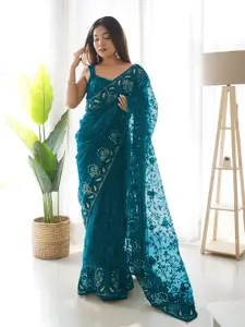 Munir Blue Embellished Aari Work Net Designer Saree