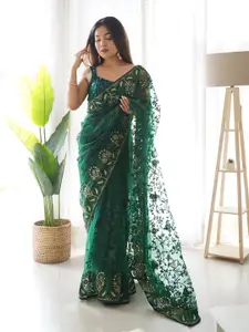 Munir Green Embellished Aari Work Net Designer Saree