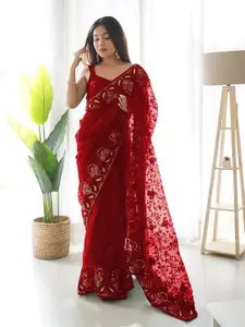 Munir Red Embellished Aari Work Net Designer Saree